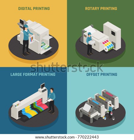 Printing house 4 isometric icons concept with digital rotary large format and offset production types vector illustration 