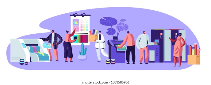 Printing House Advertising Agency, Polygraphy Industry Composition with Human Characters. Customers, Designers, Workers Producing Colorful Press Consumable Ad Material Cartoon Flat Vector Illustration