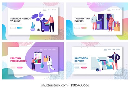 Printing House Advertising Agency Website Landing Page Templates Set, Polygraphy Industry, Typography. Customers, Designers Produce Press Ad Material Web Page. Cartoon Flat Vector Illustration, Banner