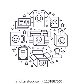Printing house circle poster with flat line icons. Print shop equipment - printer, brochure, rubber stamp, bag, mug. Polygraphy office signs, typography.