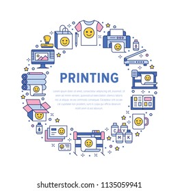 Printing house circle poster with flat line icons. Print shop equipment - printer, scanner, offset machine, plotter, brochure, rubber stamp. Polygraphy office signs, typography.