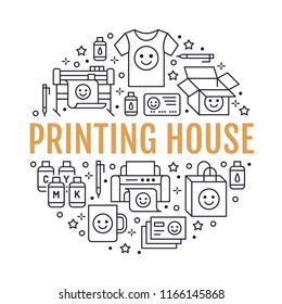 Printing house circle poster with flat line icons. Print shop equipment - printer, scanner, offset machine, plotter, brochure, cmyk, rubber stamp. Polygraphy office signs, typography.