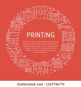 Printing house circle poster with flat line icons. Print shop equipment - printer, scanner, offset machine, plotter, brochure, rubber stamp. Polygraphy office signs, typography.