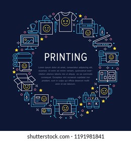 Printing house circle poster with flat line icons. Print shop equipment - printer, scanner, offset machine, plotter, brochure, rubber stamp. Polygraphy office signs, typography.