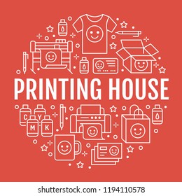 Printing house circle poster with flat line icons. Print shop equipment - printer, scanner, offset machine, plotter, brochure, cmyk, rubber stamp. Polygraphy office signs, typography.