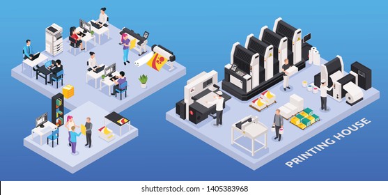 Printing house composition with polygraphy industry symbols isometric isolated vector illustration