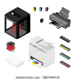 Printing House Concept. 3D Printer, Laser Print  And Supplies High Quality Print Isometric View. Isolated On White Background. Vector