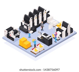 Printing house concept with polygraphy and creative team symbols isometric  vector illustration