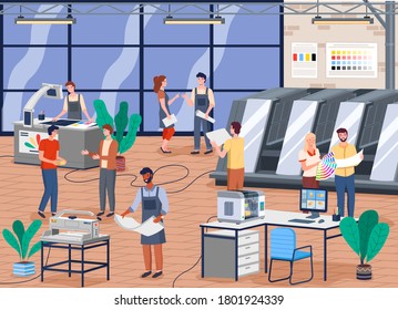 Printing house different equipment. Printer plotter, offset cutting machines and people workers. Industrial polygraphy isometric vector icons with man and woman at their workplaces in typography