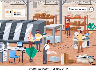 Printing house different equipment. Printer plotter, offset cutting machines and people workers in print house. Industrial polygraphy isometric icons with man and woman picks a hue on color palette