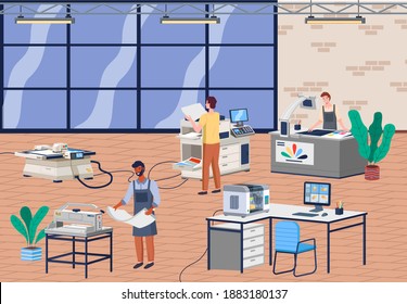 Printing house different equipment. Printer plotter, offset cutting machines and people workers in print house. Industrial polygraphy isometric icons with man and woman picks a hue on color palette