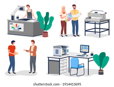Printing house different equipment. Printer plotter, offset cutting machines and people workers. Industrial polygraphy isometric vector icons with man and woman at their workplaces in typography