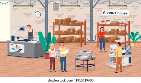 Printing house different equipment. Printer plotter, offset cutting machines and people workers. Industrial polygraphy isometric vector icons with man and woman picks a hue on the color palette