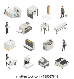 Printing house equipment and personnel isometric icons collection with inkjet laser screen offset printers isolated vector illustration 