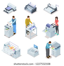 Printing house equipment. Printer plotter, offset cutting machines and people workers. Industrial polygraphy isometric vector icons