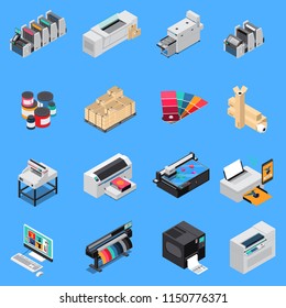 Printing house equipment production isometric icons set with digital technology and offset press devices isolated vector illustration 