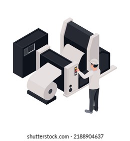 Printing house equipment and worker on white background 3d isometric vector illustration