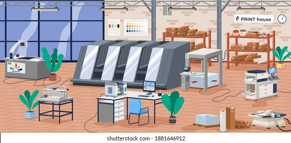 Printing house facility offset production line industrial equipment isometric composition vector illustration. Computerized large format digital press machines, modern typography or print office