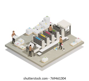 Printing house facility offset production line industrial equipment with operating personnel isometric composition vector illustration 