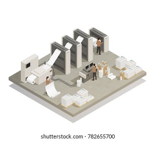 Printing house facility rotary press production process with industrial equipment and operating personnel isometric composition vector illustration 