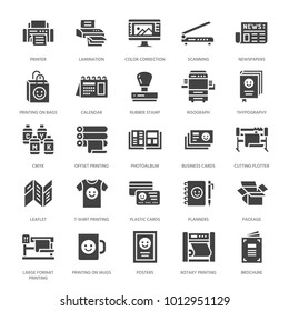 Printing house flat glyph icons. Print shop equipment - printer, scanner, offset machine, plotter, brochure, rubber stamp. Silhouette signs for polygraphy office, typography.