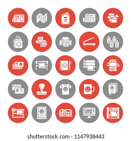 Printing house flat glyph icons. Print shop equipment - printer, scanner, offset machine, plotter, brochure, rubber stamp. Silhouette signs for polygraphy office, typography.