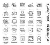 Printing house flat line icons. Print shop equipment - printer, scanner, offset machine, plotter, brochure, rubber stamp. Thin linear signs for polygraphy office, typography.