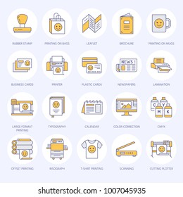 Printing house flat line icons. Print shop equipment - printer, scanner, offset machine, plotter, brochure, rubber stamp. Thin linear signs for polygraphy office, typography.