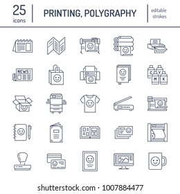 Printing house flat line icons. Print shop equipment - printer, scanner, offset machine, plotter, brochure, rubber stamp. Thin linear signs for polygraphy office, typography.