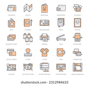 Printing house flat line icons. Print shop equipment - printer, scanner, offset machine, plotter, brochure, stamp. Thin linear signs for polygraphy office, typography. Orange color. Editable stroke