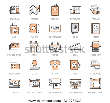 Printing house flat line icons. Print shop equipment - printer, scanner, offset machine, plotter, brochure, stamp. Thin linear signs for polygraphy office, typography. Orange color. Editable stroke