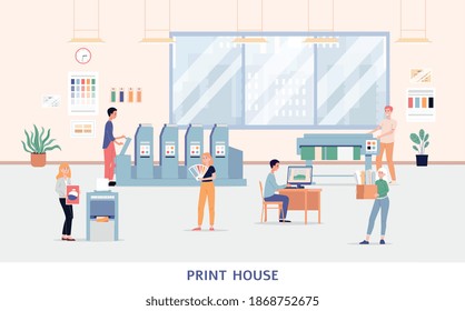 Printing house interior - cartoon banner of polygraphy company office with staff and clients using modern offset print equipment. Vector illustration