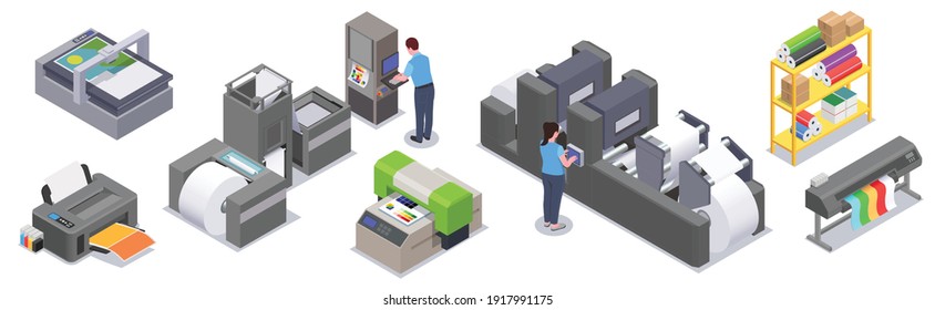 Printing house isometric collection of isolated icons with color print equipment facility with printed goods images vector illustration