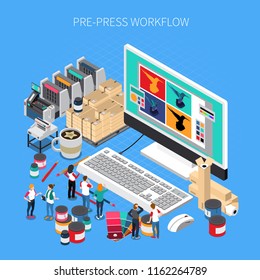 Printing House Isometric Composition With Digital Prepress Workflow Technology Software Design On Desktop Computer Monitor Vector Illustration 