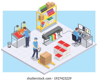 Printing house isometric composition with equipment and technical staff engaged in modeling designing and printing processes vector illustration