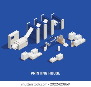 Printing house isometric composition with text and images of printers with paper rolls stacks and computers vector illustration