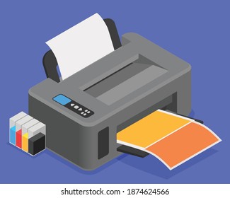 Printing house isometric composition with view of desktop printer with color cartridges and colorful printed sheet vector illustration