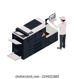Printing house isometric icon with printer equipment and worker 3d vector illustration