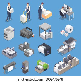 Printing house isometric set with isolated icons of printers for various formats paper sheets and workers vector illustration