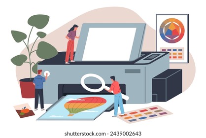 Printing house people. Typography workers with printer, color test, copy center staff, poster production process, teamwork employee cartoon flat style isolated nowaday vector concept