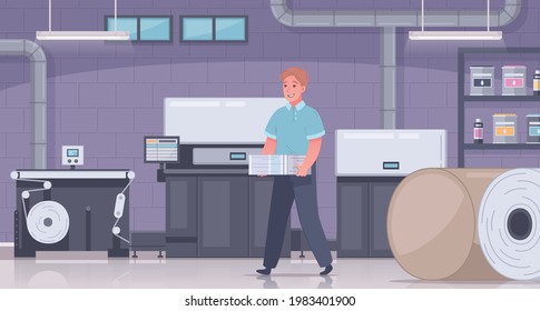 Printing house polygraphy cartoon colored composition with employee carries paper and color printer cartridges vector illustration