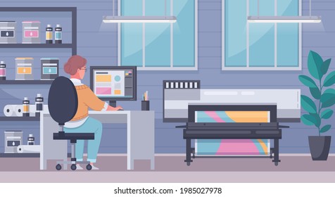 Printing house polygraphy cartoon composition operator sits at computer sends to print and controls operation of printer vector illustration