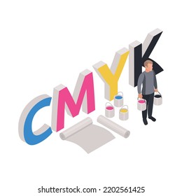Printing house polygraphy concept with cmyk papers and worker holding buckets with paints 3d isometric vector illustration