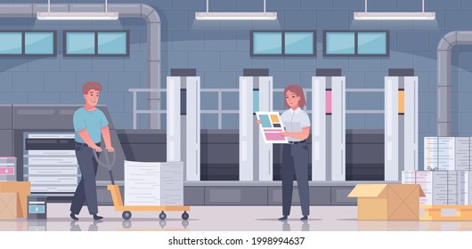 Printing house polygraphy flat cartoon composition two workers in the print shop at the workplace check the quality of printing and take away stacks of printed paper vector illustration