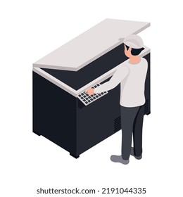 Icono de poligrafía de la imprenta con equipo profesional e ilustración vectorial isométrica 3d del trabajador