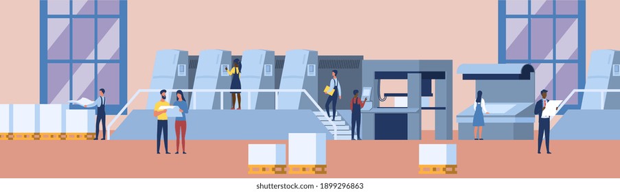 Printing house polygraphy industry composition with diverse multiracial human characters, plant and machinery and printer consumable images. Flat cartoon vector illustration