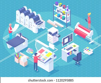 Printing house polygraphy industry isometric composition with human characters, plant and machinery and printer consumable images vector illustration.