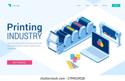 Printing house polygraphy industry isometric landing page, offset or laser industrial printers, laptop with rgb colors on screen, press business equipment and consumables in office3d vector web banner
