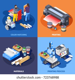 Printing house polygraphy industry isometric 2x2 design concept with images of plotter materials computer robots and workers vector illustration