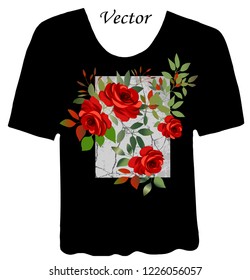 Printing house with red roses .  Stylish, designer print on t-shirt. Abstract, floral arrangement with graphic elements and grunge. Creative, vector, original illustration. Fashionable clothes. Print.